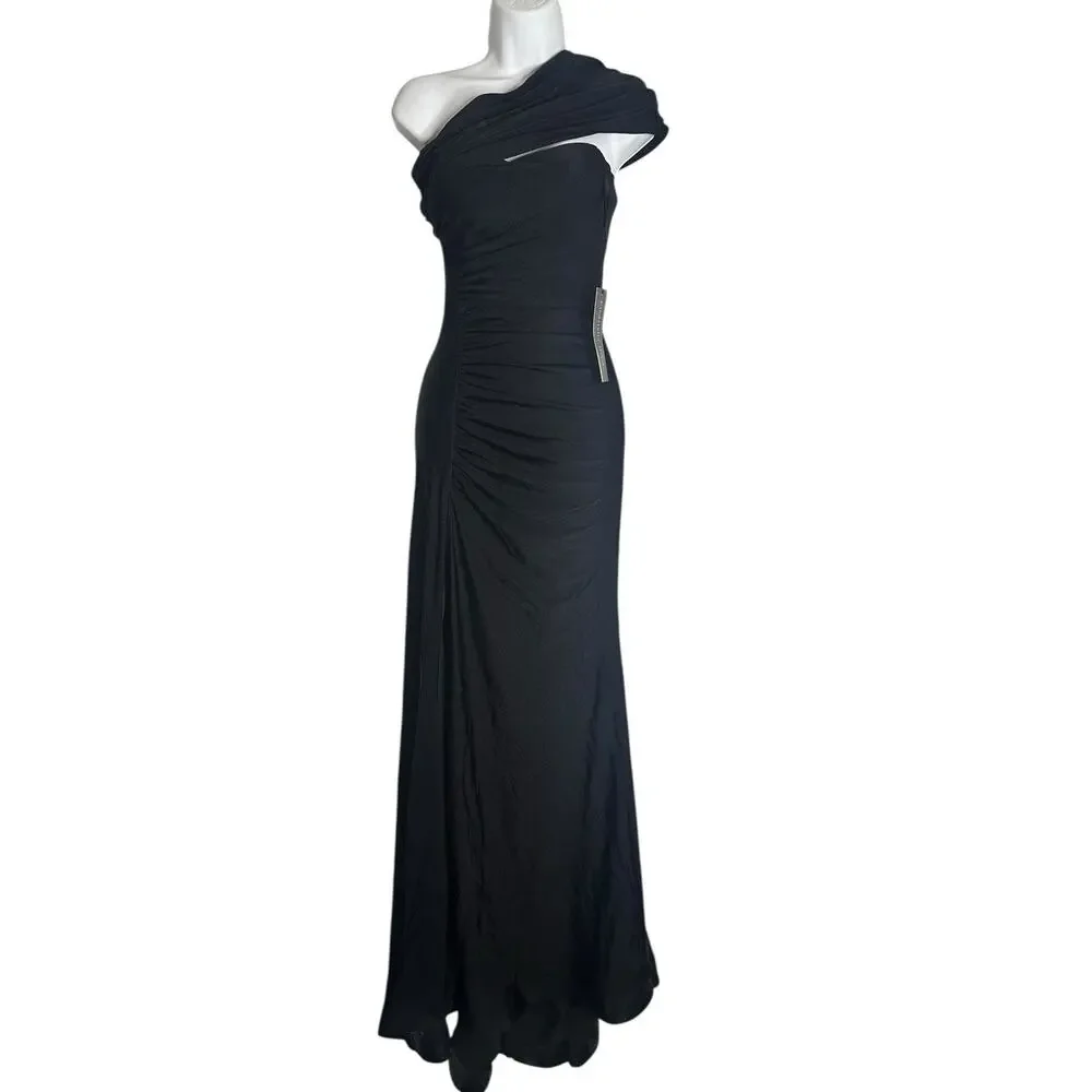 NWT Cinderella Divine Asymmetrical Neckline Bodycon Slit Black Dress Gown 2 - Picture 1 of 12
